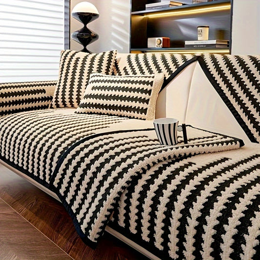 Modern Nordic-style sofa cover in black & white stripes, pet-friendly, anti-slip, ideal for 1-4 seater sofas in living room, bedroom, office.