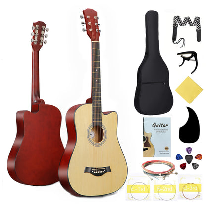 38-Inch Acoustic Guitar Starter Kit for Beginners, Includes Backpack, Strap, Capo, Picks, Picks Case, Strings, Cloth, Stickers, and Instructions.