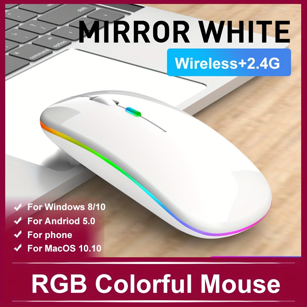 Wireless ergonomic mouse with RGB backlight, USB rechargeable, compatible with PC, laptop, and iPad. Features honeycomb design, 500mAh battery, and Windows 10 support. Great gift for gamers