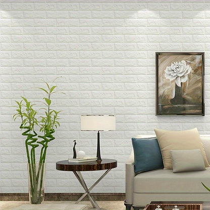 1 self-adhesive 3D foam wallpaper roll with retro brick pattern that is waterproof and oilproof, suitable for DIY furniture refurbishment in living rooms, kitchens, and bedrooms.