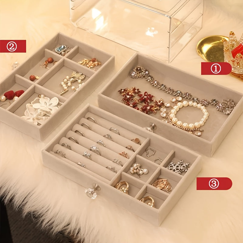 Luxurious Velvet Acrylic Jewelry Storage Box with 3 Drawers, Stackable and Displayable, Ideal for Women's Accessories.