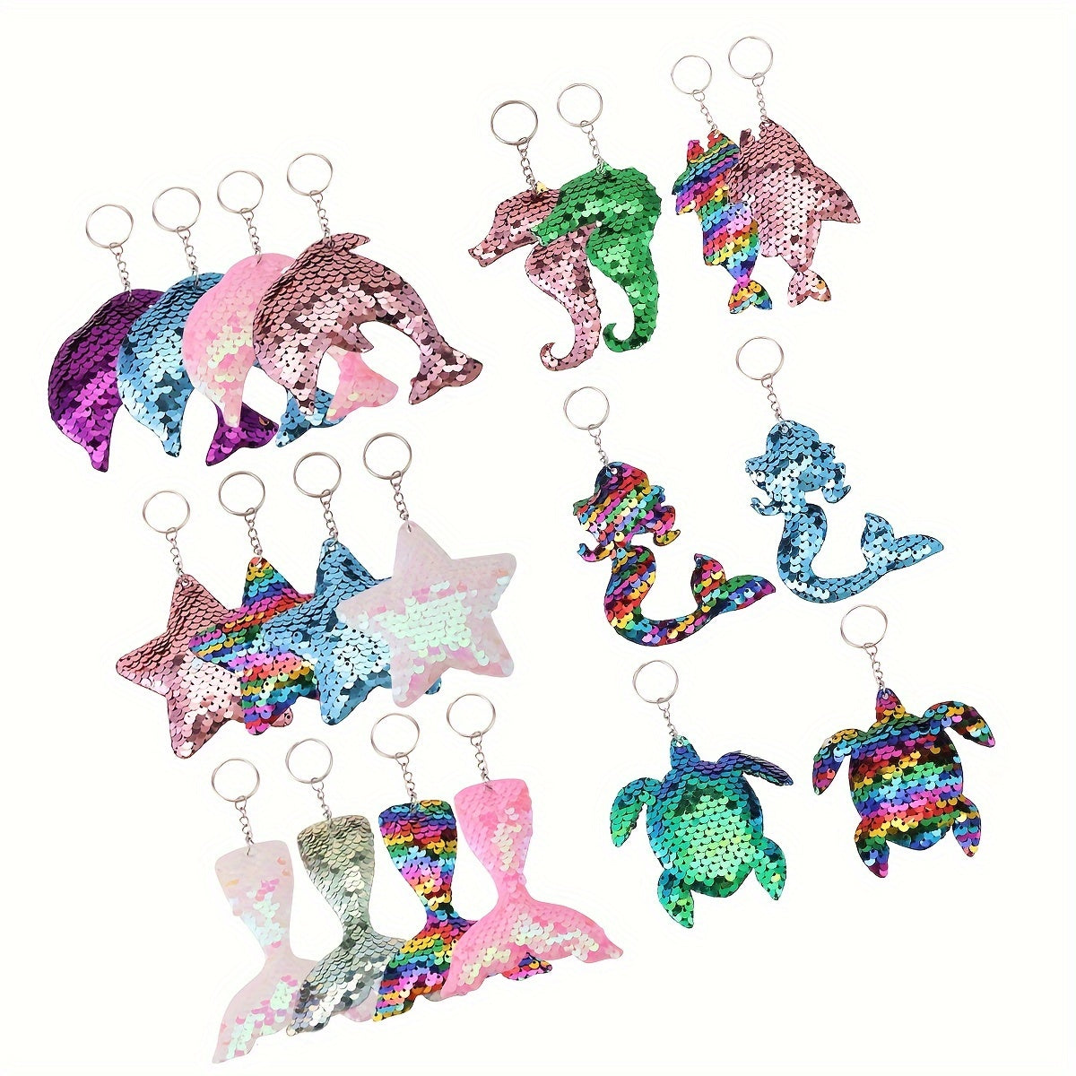 Cartoon Double-sided Mermaid Sequin Keychains - Set of 20, featuring Ocean Theme, Animal Shapes, Flip Sequin Design, Perfect for Party Gifts, Birthday Presents, and Christmas Decorations.