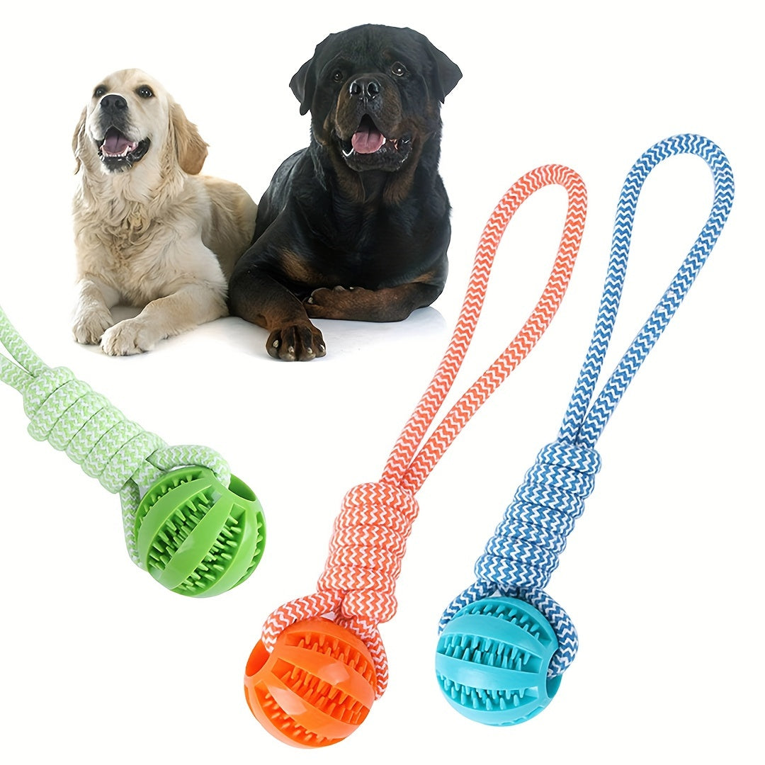 Durable dog toy with braided rope knot and handle for chew training, tug of war, and fetch