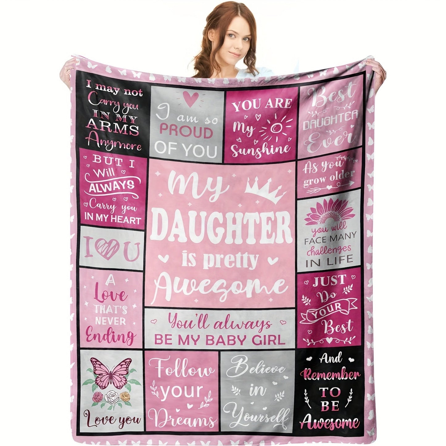 Soft flannel throw blanket with pink patchwork pattern and inspirational quotes, perfect for my daughter. The perfect gift for a cozy home decor.