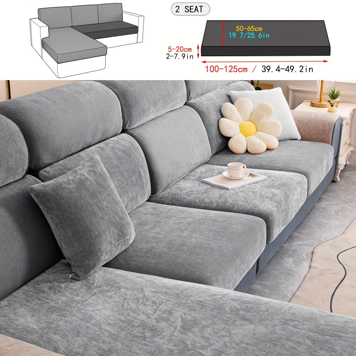 Stretchable plush velvet sofa cushion cover in contemporary gray with white accents; fits 1 to 4-seater sofas, machine washable, perfect for home decor.