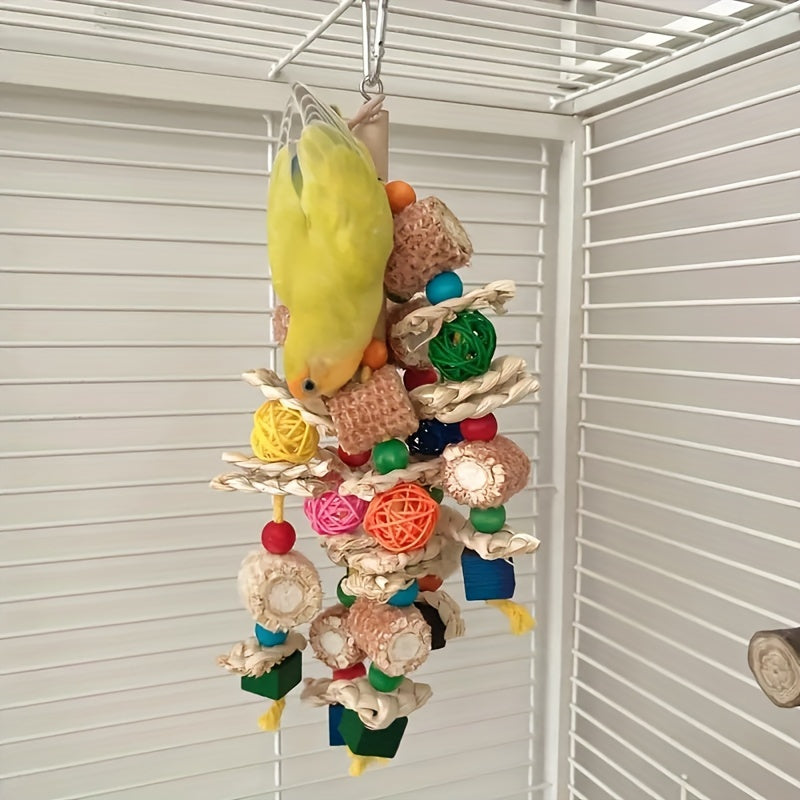 Colorful wooden swing toy with bell for small birds such as budgies, conures, lovebirds, and finches.