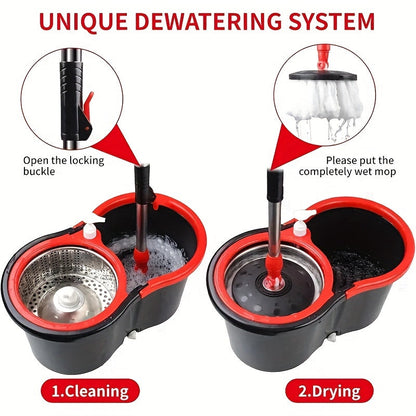 This set includes two microfiber mop heads for 360° rotating mop and bucket set. The stainless steel handle is durable and the dual wet and dry floor cleaning kit is perfect for home and office use. Made with plastic material, this set is ideal for