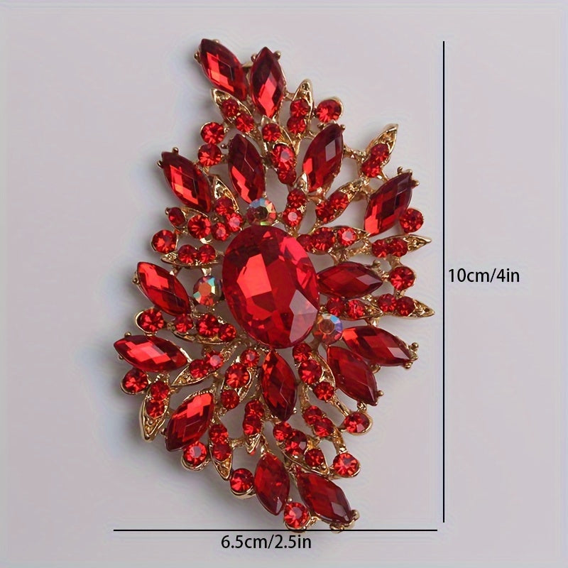 Extravagant Red Crystal Glass Brooch Pin with Large Floral Design, a Stylish Women's Fashion Accessory