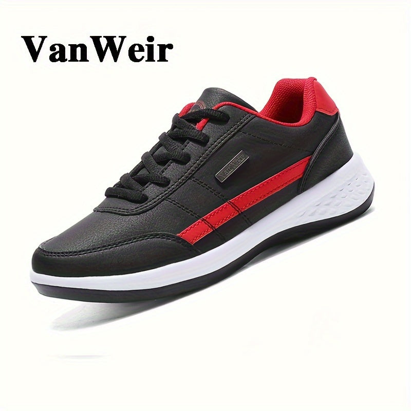 VanWeir men's casual sneakers feature PU upper, MD sole, fabric insole, and navy blue design with white and orange accents, perfect for all seasons.