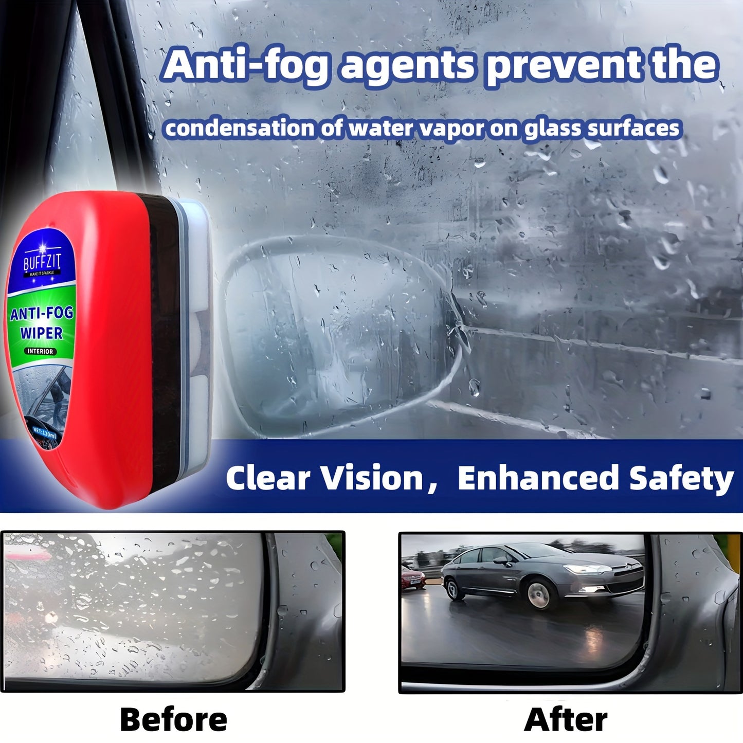 Interior windshield anti-fog spray repels water and prevents fogging.