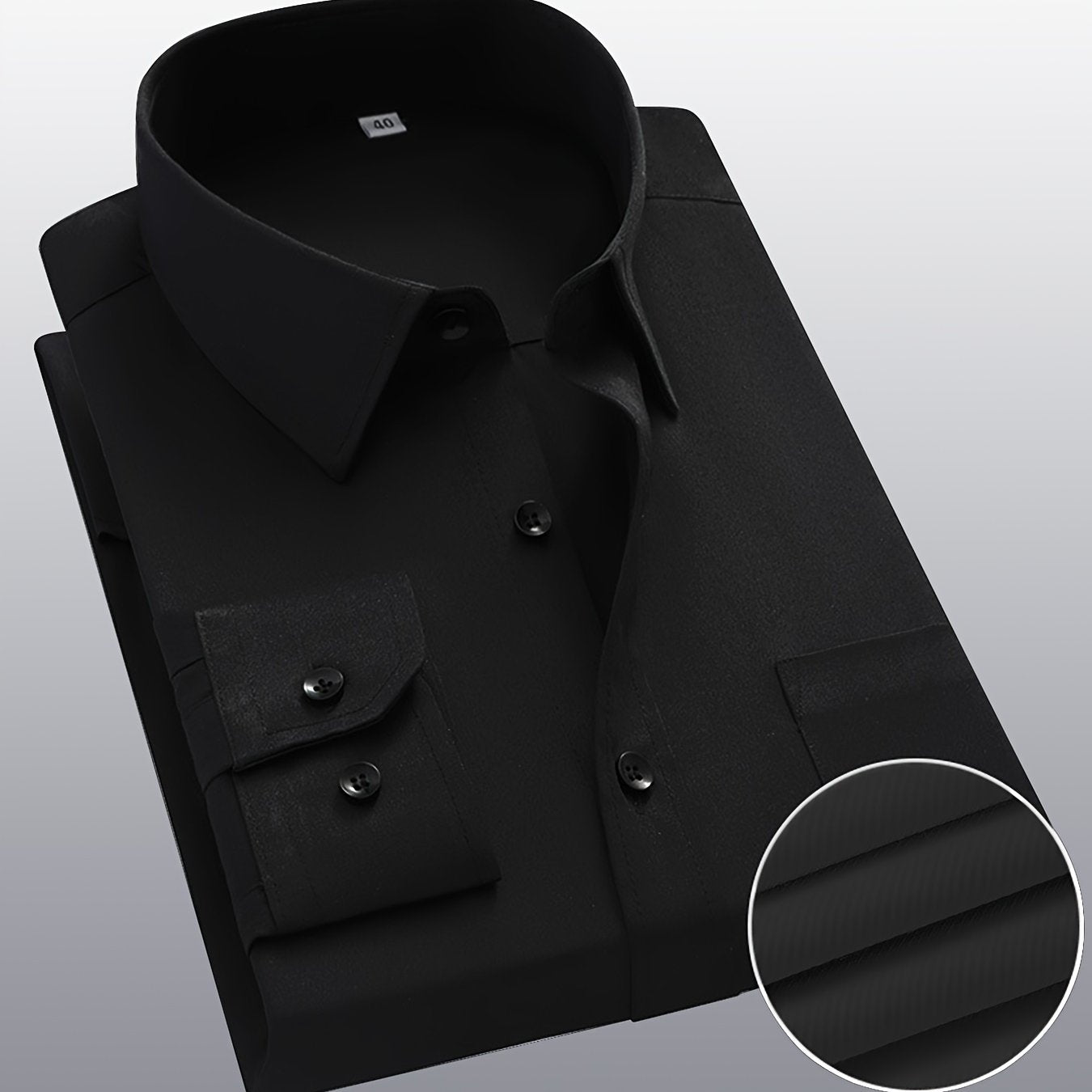 Men's classic solid color long sleeve dress shirt, made of 40% cotton and 60% polyester blend. Features a button-up closure, lapel collar, and regular fit. Ideal for mature men and suitable