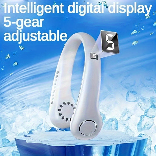 One-piece, sleek design, perfect for summer at home, on-the-go, or while working or studying. The Hanging Neck Fan features 5-speed wind adjustment, an LED display, and an ultra-lightweight body for all-day wear. Ideal for keeping cool during summer