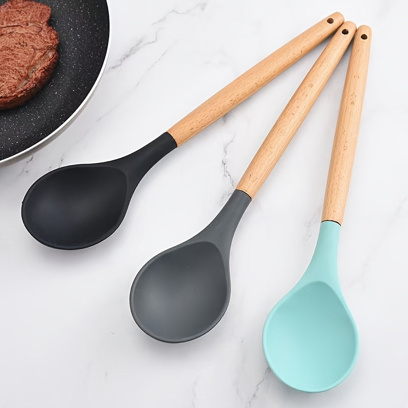 Wooden Handled Silicone Spoon - Multipurpose Kitchen Tool for Mixing, Serving, and Stirring - Long-lasting and Simple to Wash