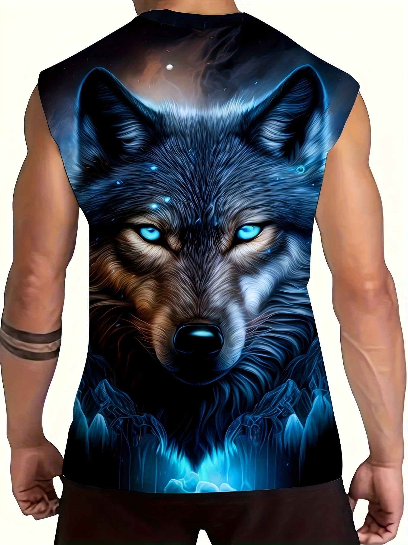 Men's Plus Size Wolf Print Tank Top - Breathable Polyester-Spandex Blend for Summer Fitness & Basketball Training, PLUS SIZE