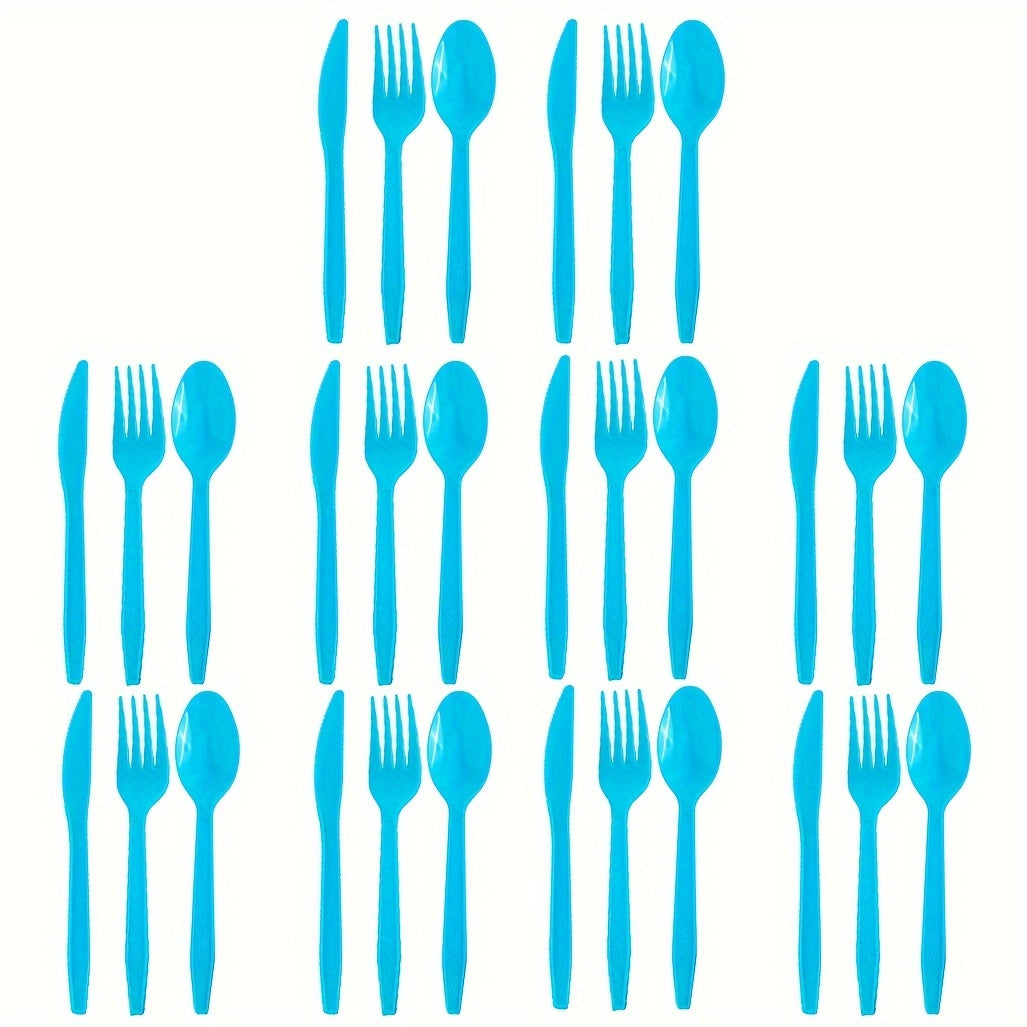 Set of 3 colored disposable plastic tableware pieces for weddings, birthday parties, and cake servings. Includes knives, forks, and spoons (30 pieces total).