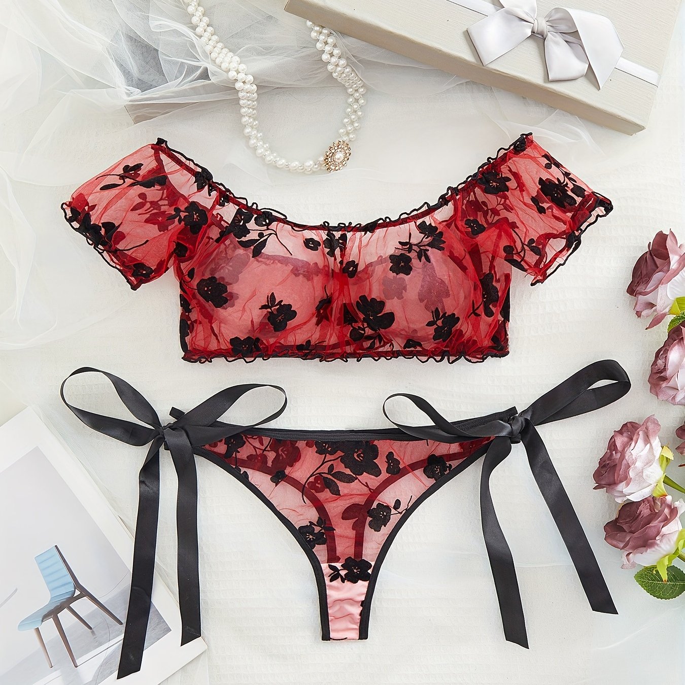 Floral mesh lingerie set with off-the-shoulder top and tie side thong - sexy women's underwear.