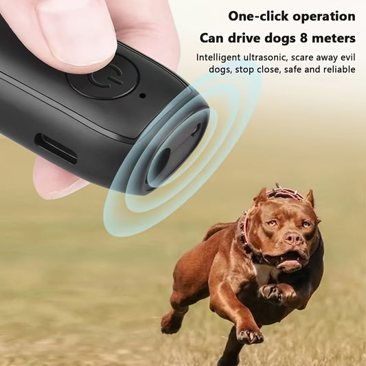 USB rechargeable dog training device with soundwave technology. Handheld, mini size for outdoor use. Features anti-barking control and safe distance control with LED light.