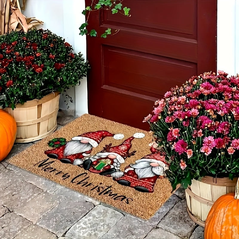 Welcome guests in style with this Christmas-themed door mat featuring a festive gnome design. Made with non-slip polyester fiber, this entry rug is perfect for both indoor and outdoor use. Easy to clean with a hand washable design. Perfect for adding