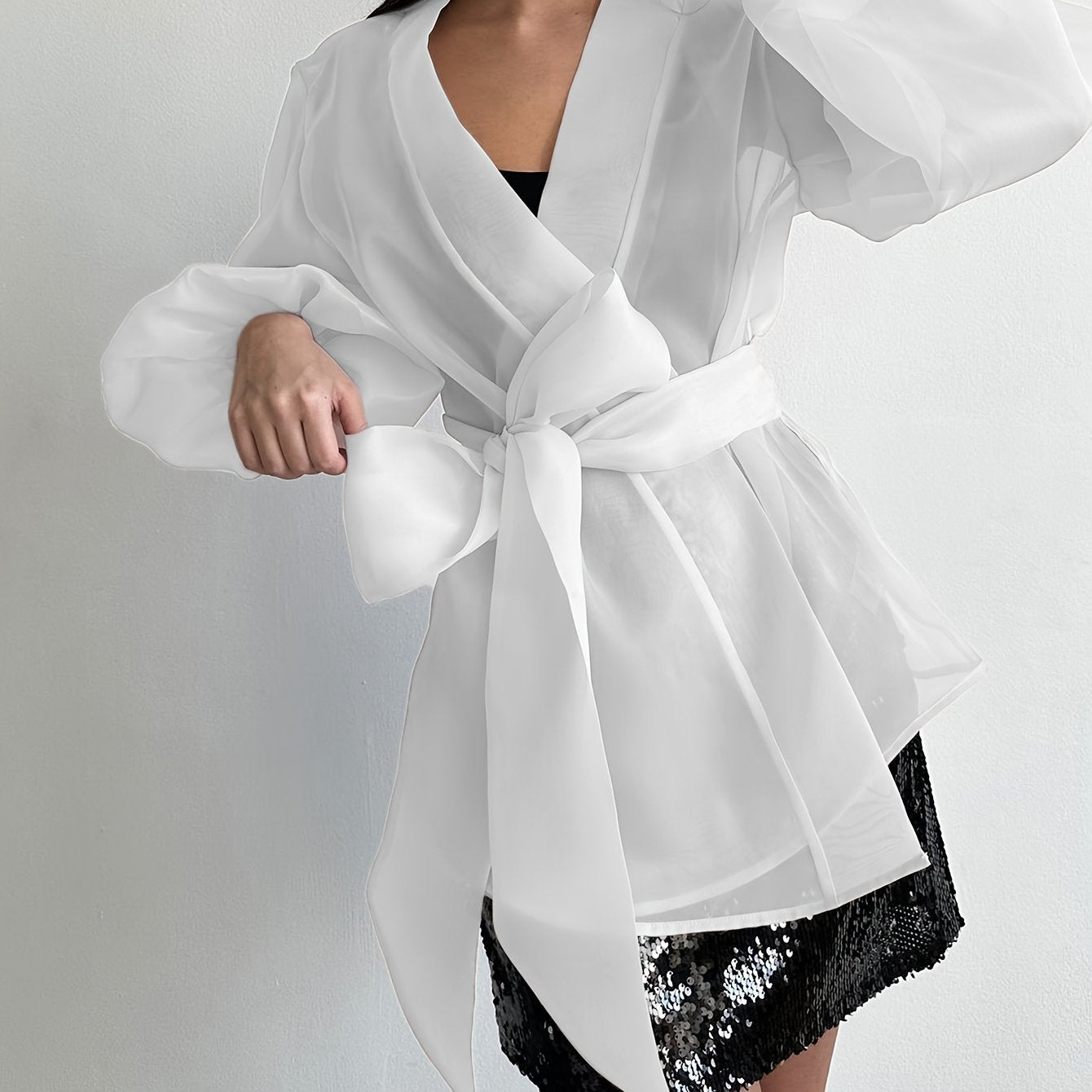 Stylish plus-size women's sheer mesh kimono cardigan with butterfly bow tie, bubble sleeves, and chic polyester material. Hand-washable and suitable for all seasons.