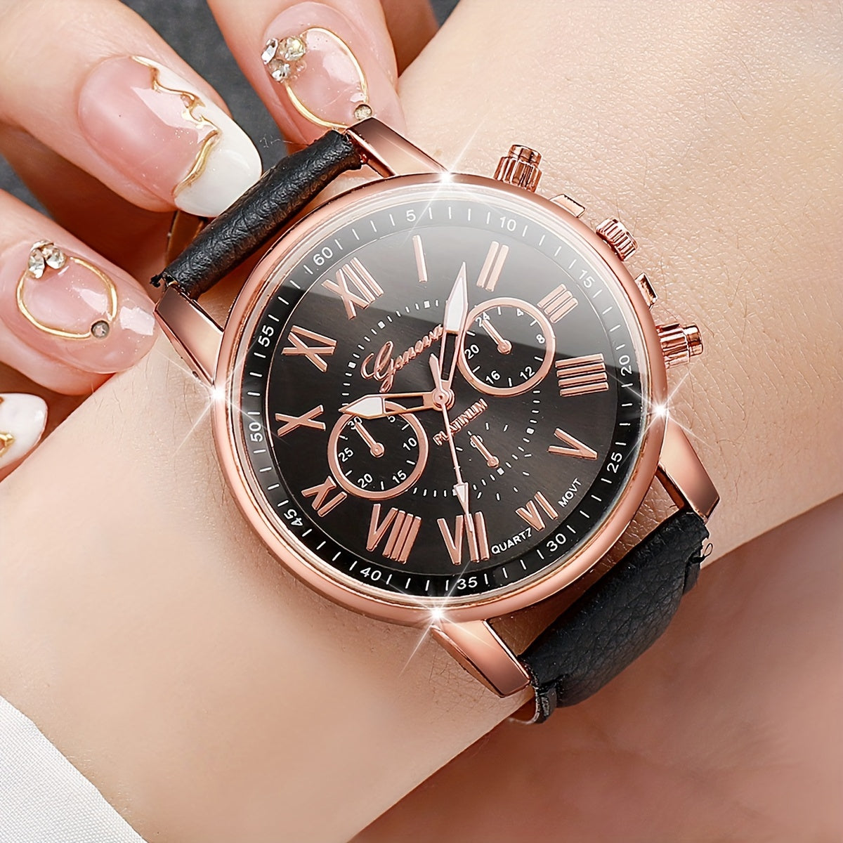 4pcs/set Black, white, pink fashion quartz watch with Roman scale dial for women does not include watch box.