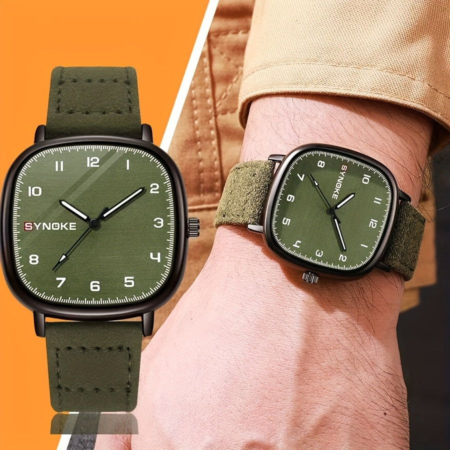 [Bestseller] Retro Armiya Yashil Erkaklar Kvarts Soati, Minimalistik Sport Dizayni, Kvadrat Alloy Qopqoq, Sintetik Charm Strap, Suvga chidamli emas, Kvarts Harakat, Asosiy Sport Uslubi, Kvadrat Alloy Qopqoq, Sintetik Charm Strap