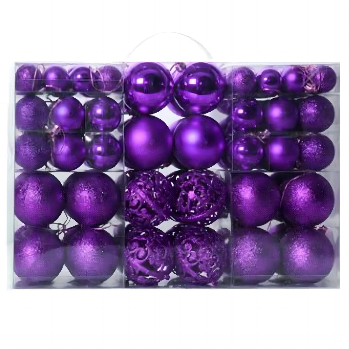 100-piece set of shatterproof plastic Christmas ball ornaments in a hand-held gift box, suitable for holiday decoration. No feathers included.