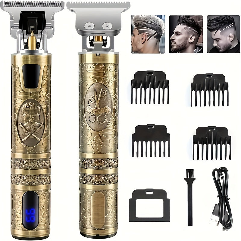 ZQIN Deluxe Men's Grooming Kit: USB Rechargeable Hair & Beard Trimmer with T-Blade, LCD Display, Clips & Accessories - Golden & Black, Personal Care Kit.