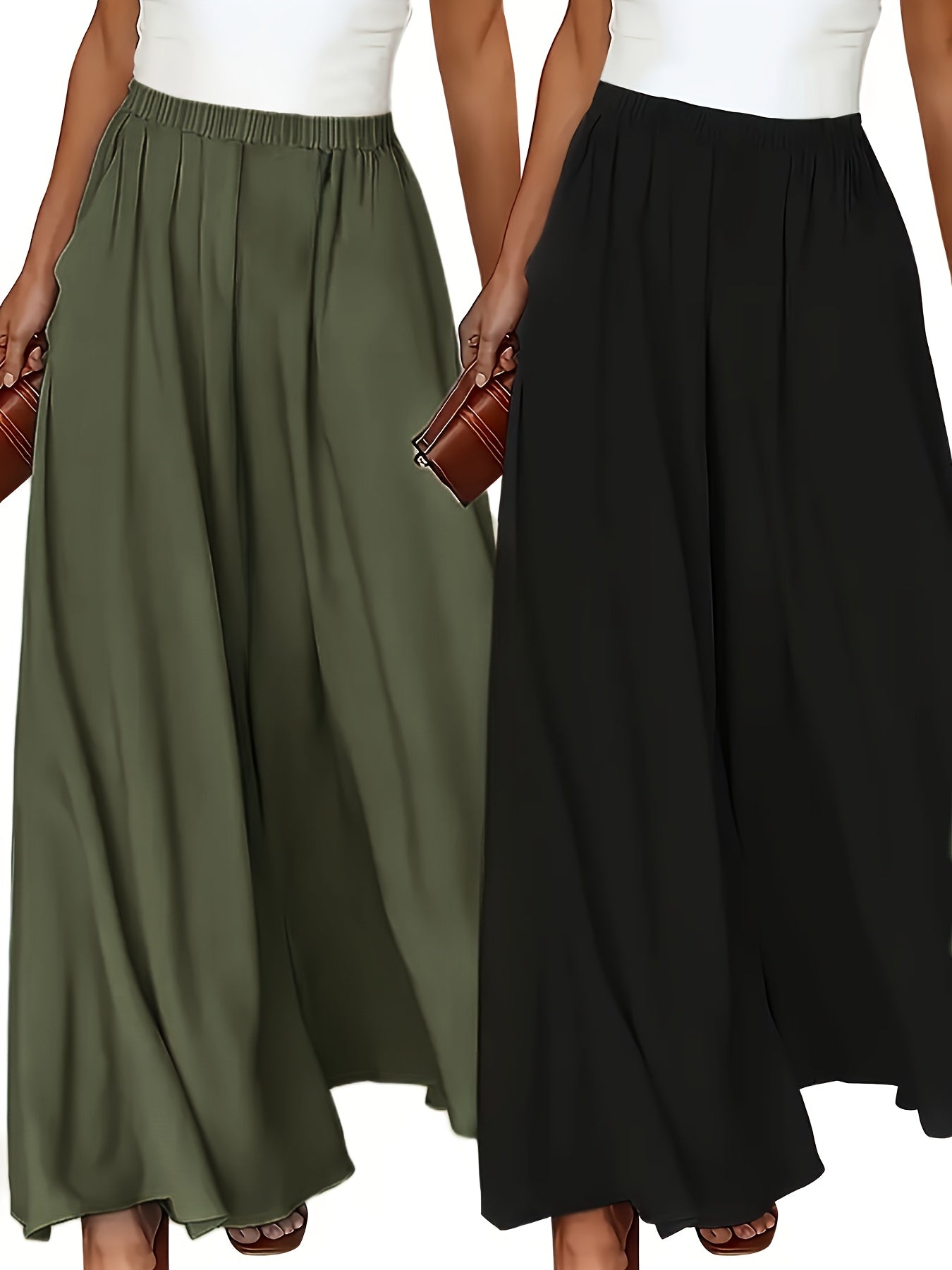 Set of 2 women's high waist wide leg pants in solid color polyester with pockets, ideal for all-season wear.