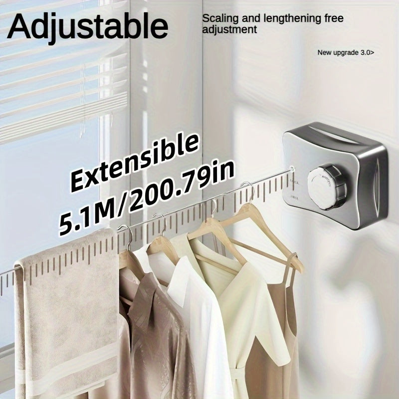 5.1m Stainless Steel Heavy-Duty Retractable Clothesline - Ideal for Indoor and Outdoor Use, Invisible Laundry Line for Towels and Quilts, Great for Rental Rooms and Balconies.