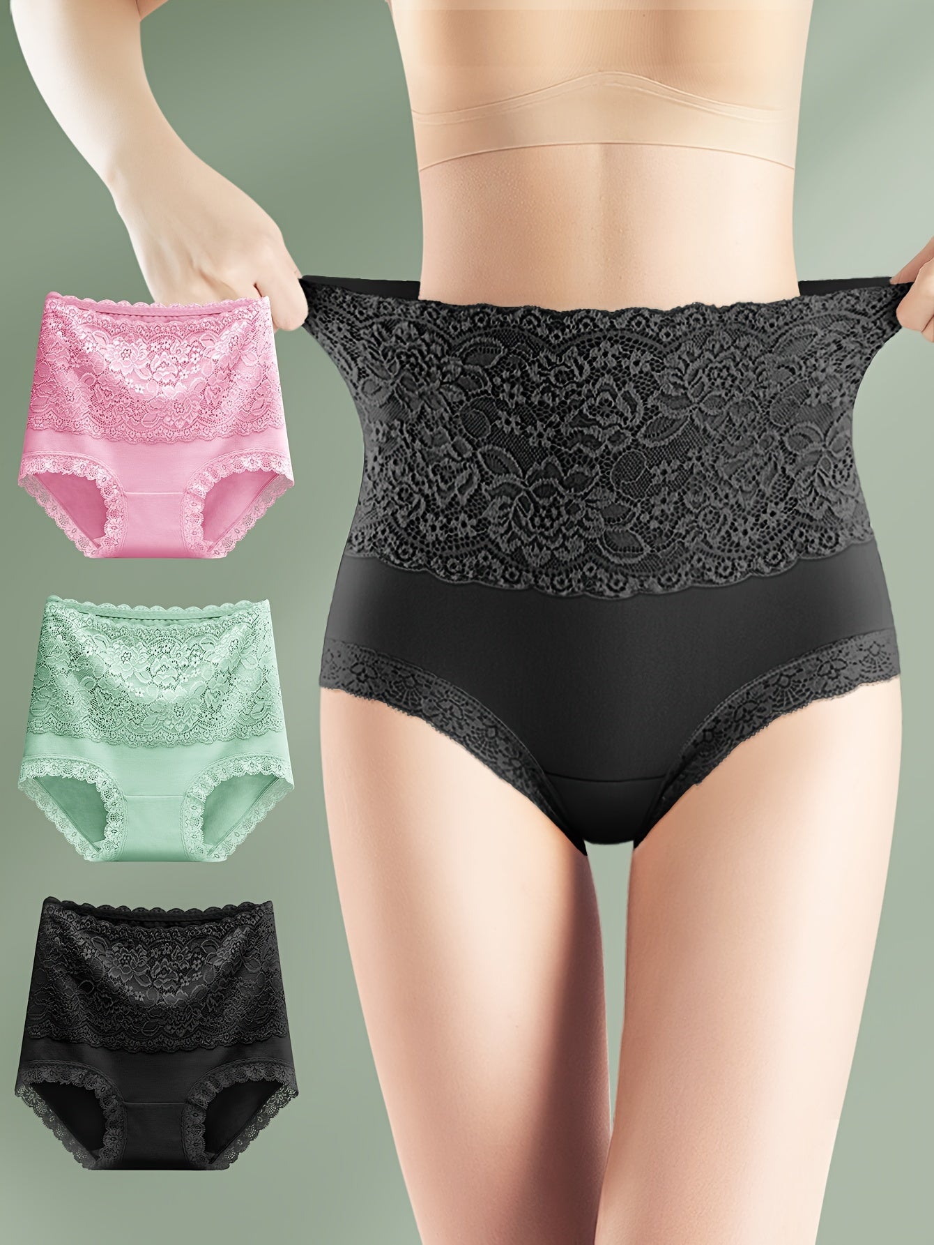 Set of 3 elegant high-waisted tummy control shapewear panties with lace detail for women