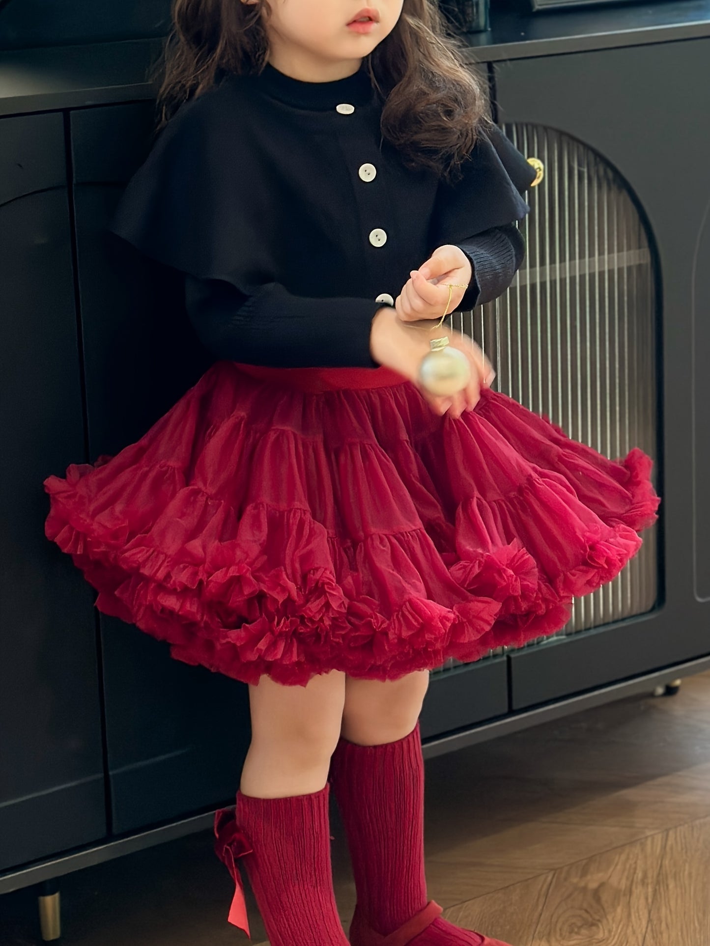 Girls' Princess Skirt in charming wine red baroque style, with tulle overlay, 100% polyester, perfect for all seasons.