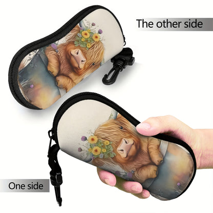 Trendy Highland Cow Print Glasses Case - Stylish, Convenient Neoprene Eyewear Pouch with Zipper and Belt Clip for Women, Chloroprene Safety Bag