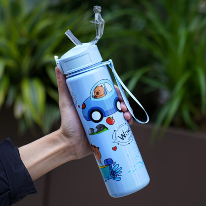 Cartoon Kapibara-themed 26oz water bottle with straw, leak-proof, PVC-free, hand wash only. Great for outdoor activities and makes a perfect holiday gift.