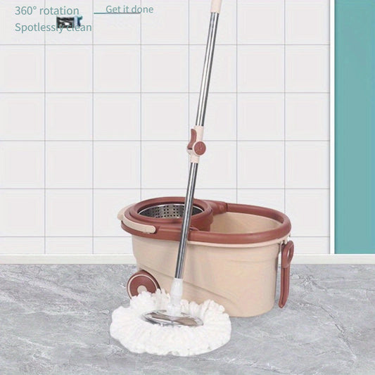 Large capacity 360° rotating spin mop and bucket set with stainless steel handle. This dual-use wet and dry mop features wheels for easy maneuverability and an easy press system for efficient cleaning. Perfect for use indoors and outdoors, no electricity