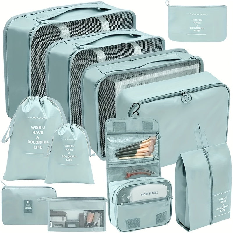 11-piece set of hanging cosmetic bags made of nylon for organizing travel essentials.