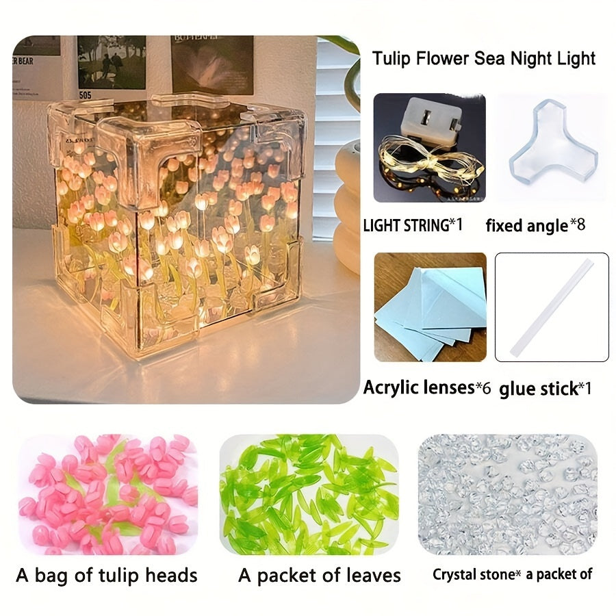 Tulip Mirror Night Light Kit: Modern Floral Cube Design, Battery-Powered for Bedroom, Living Room & Office Décor.