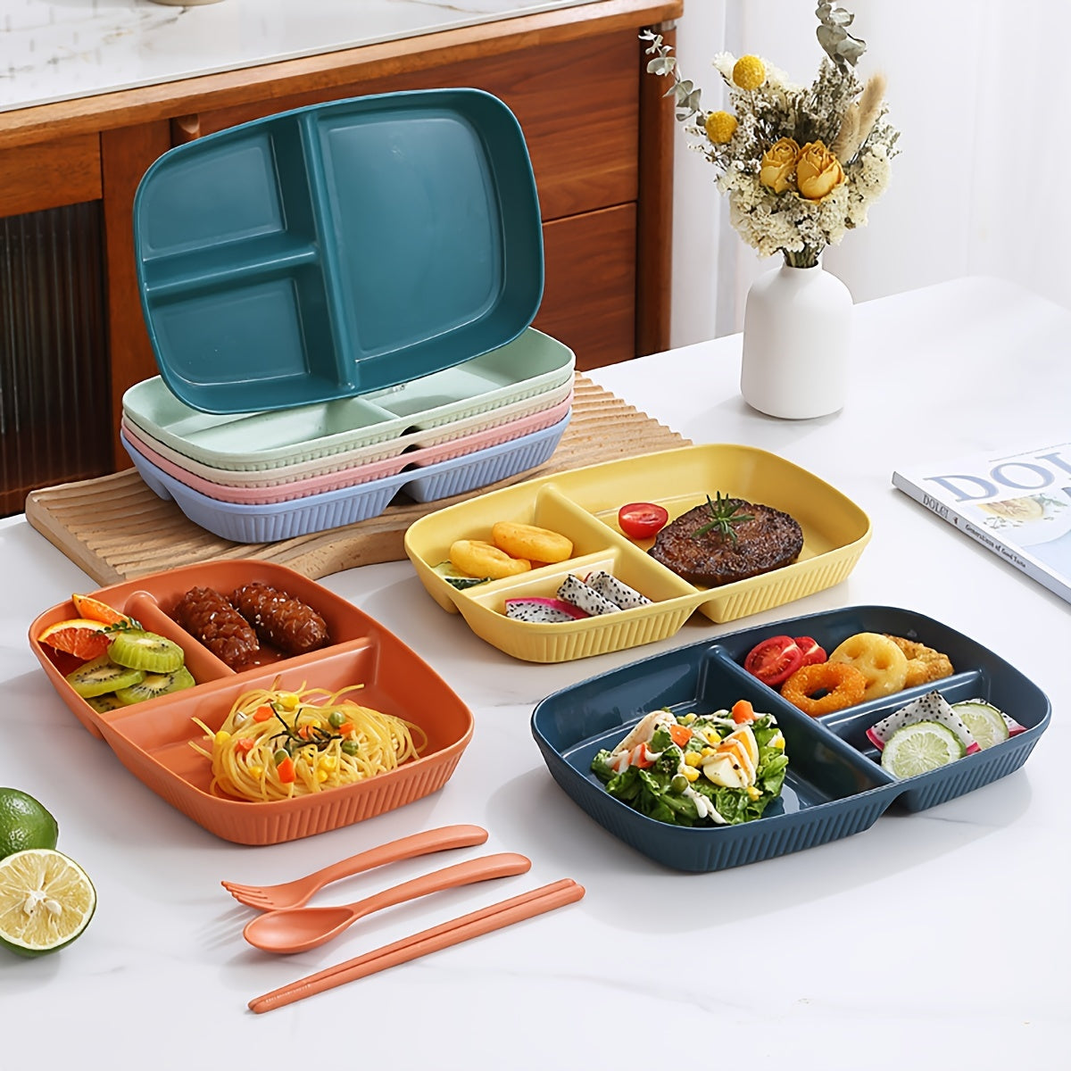 1-pc divided plates for portion control, including dessert and salad sections, made of microwave and dishwasher safe PP material.