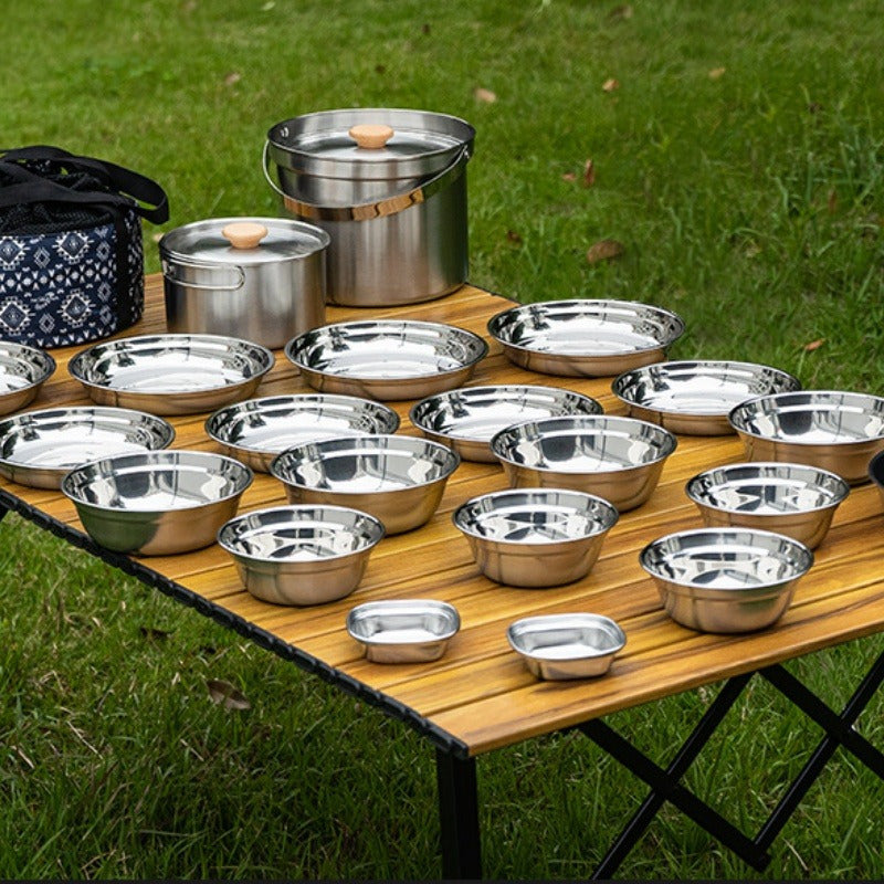 Stainless Steel Camping Cookware Set with 22 Pieces - High-Quality 304 Stainless Steel Outdoor Kitchen Utensils featuring Foldable Handles. Complete with Bowls, Plates, Skillet, Fry Pan and More. Ideal for Picnics, Road Trips, Camping and Home Use.