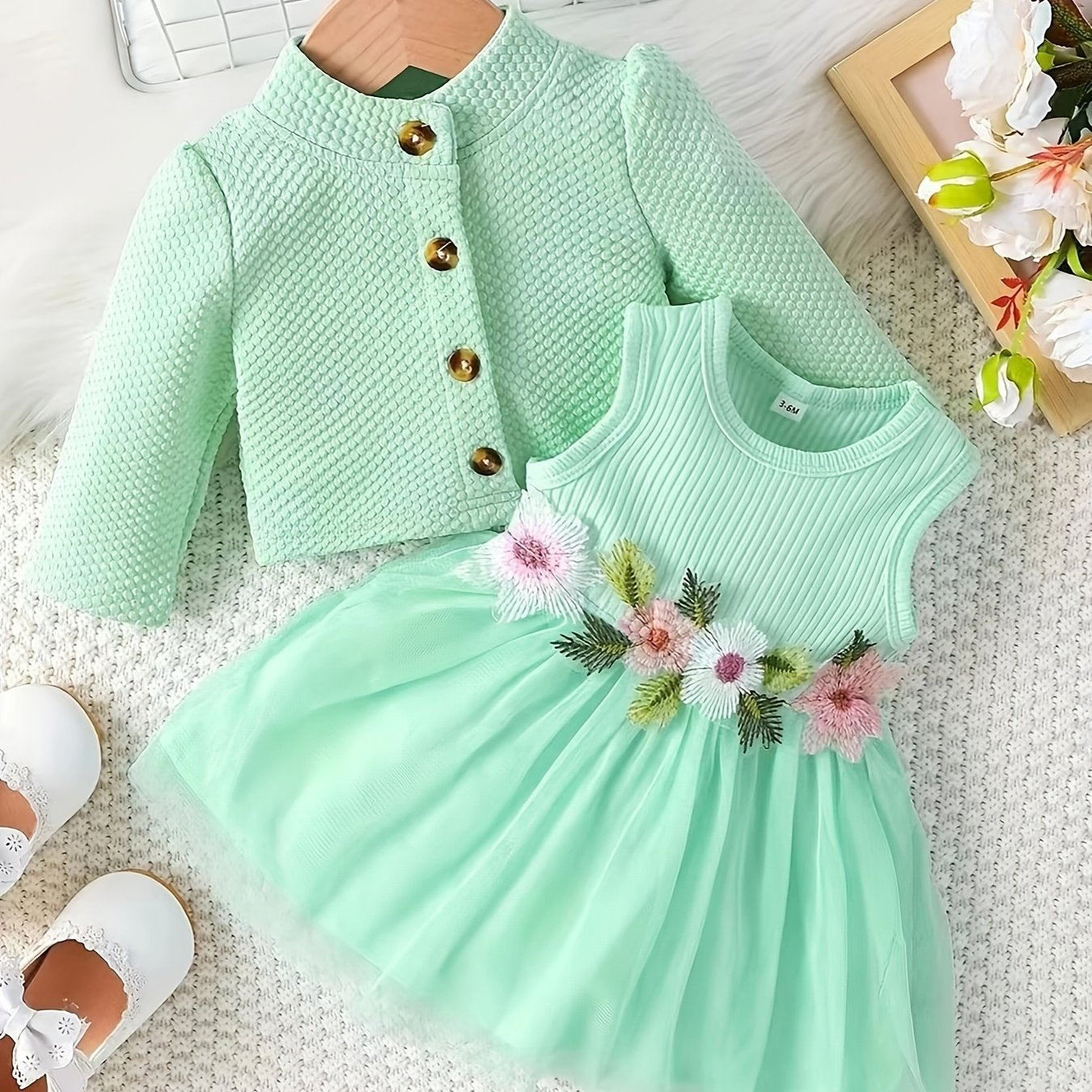 Floral dress set with long sleeve jacket for girls.