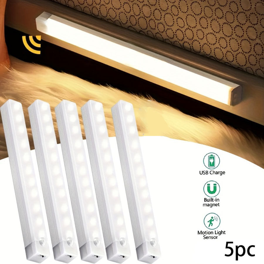 5 Pack LED motion sensor lights with USB rechargeable batteries for wireless undercounter illumination in hallways, kitchens, stairs, and wardrobes. Suitable for home decoration.