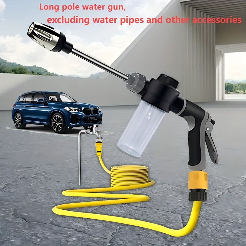 Long pole car wash water gun with foam tank for multifunctional spraying needs. Suitable for car wash, flower watering, garden irrigation with high pressure spray and foam tank set. Easy