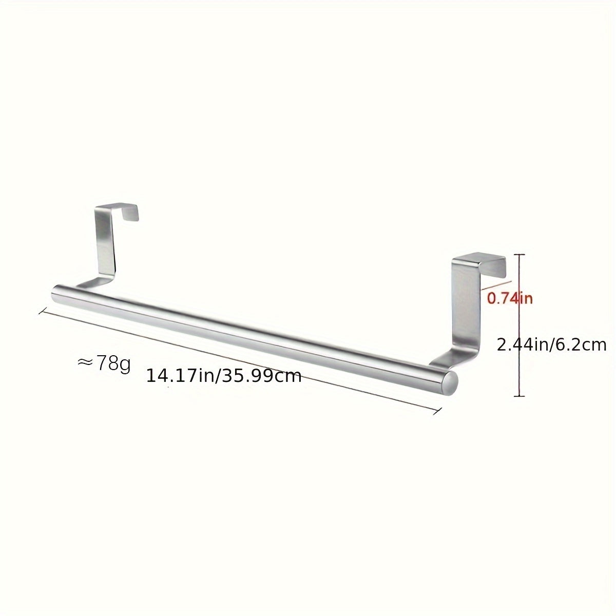 Single pole stainless steel towel rack for kitchen, punch-free mounting on cabinet door for hanging rags.