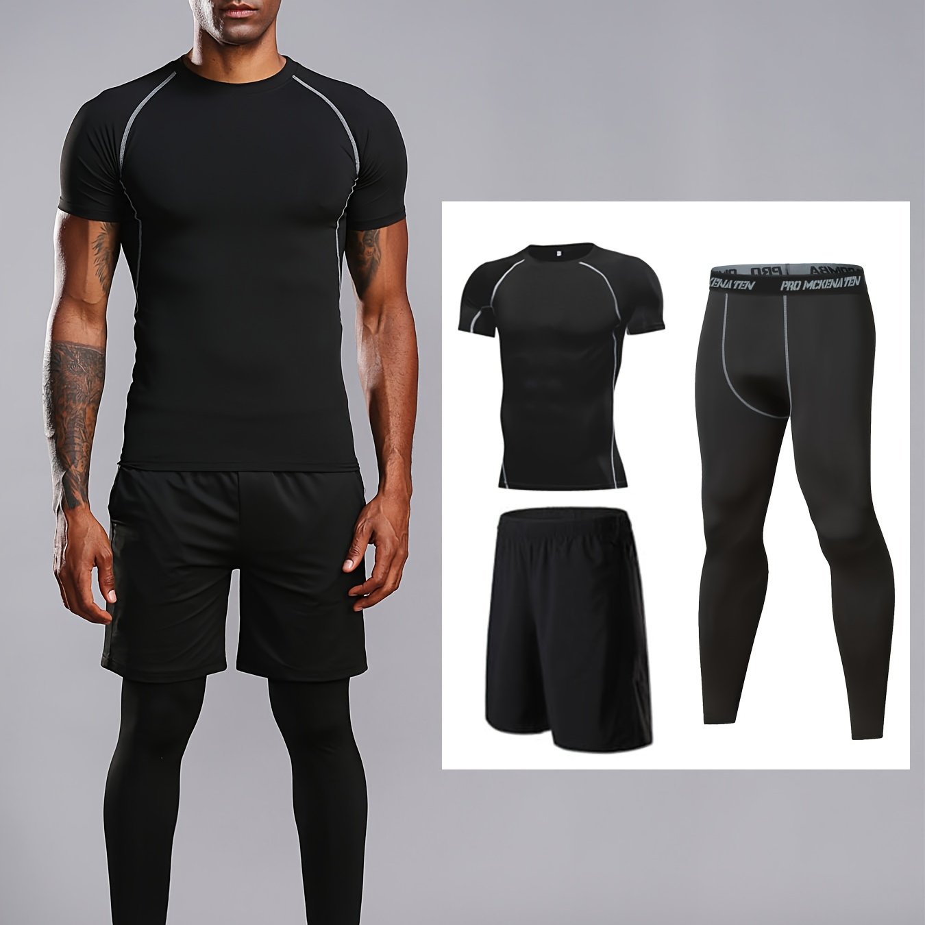 Men's 3-piece base layer set includes compression tops, bottoms, and shorts for fitness workouts and body shaping.