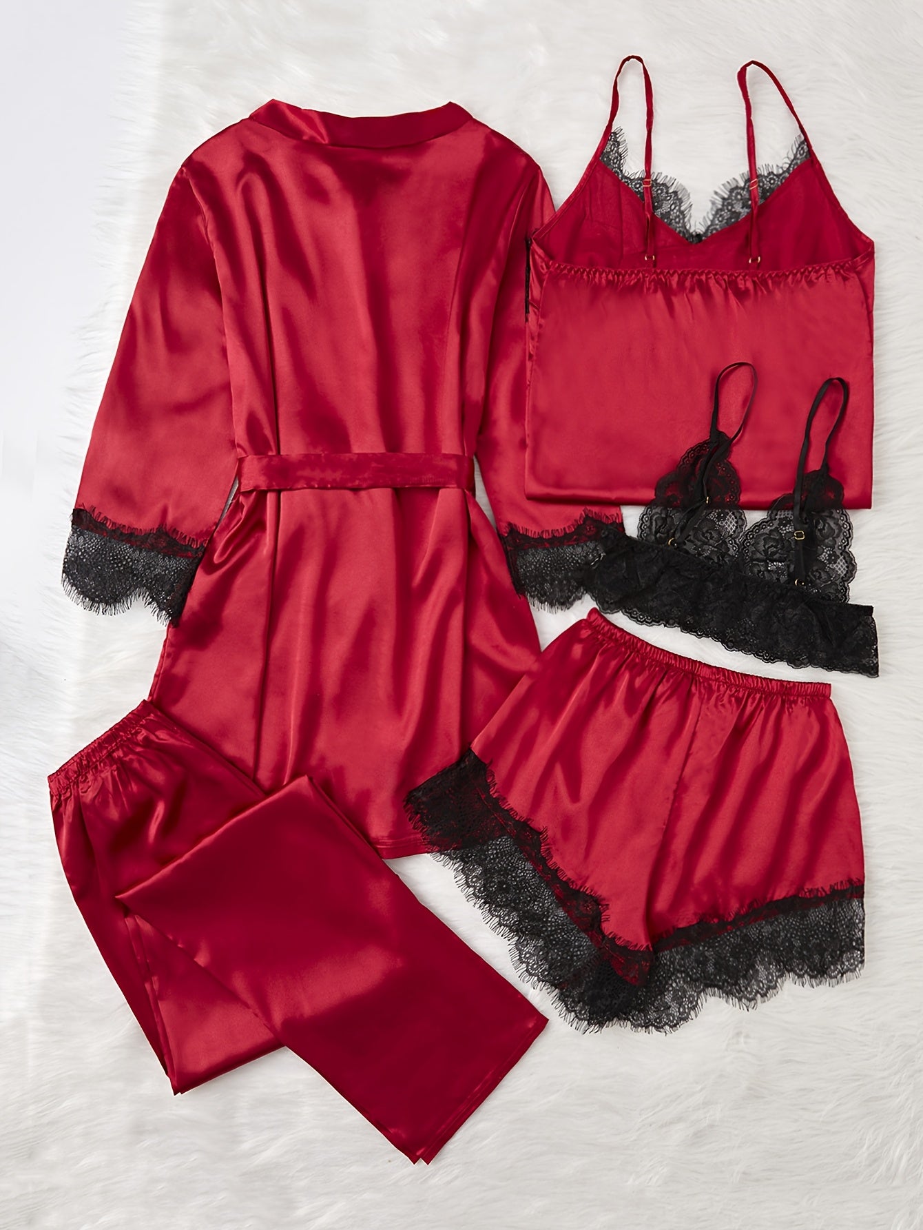 5-piece elegant teen pajama set with satin V-neck top, lace detail, shorts, pants, and robe. Made of 96.5% polyester and 3.5% elastane for all-season comfort. 120gsm.