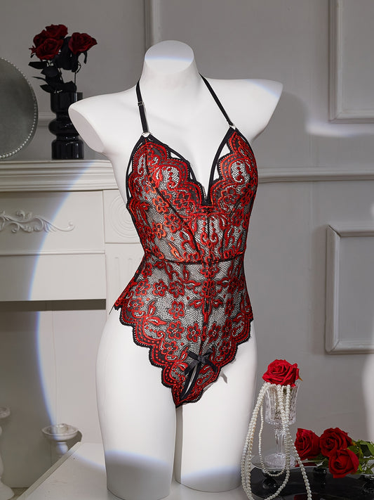 Red and black lace velvet halter teddy with scalloped edges and adjustable straps - Elegant backless bodysuit for women, low support, hand wash only.