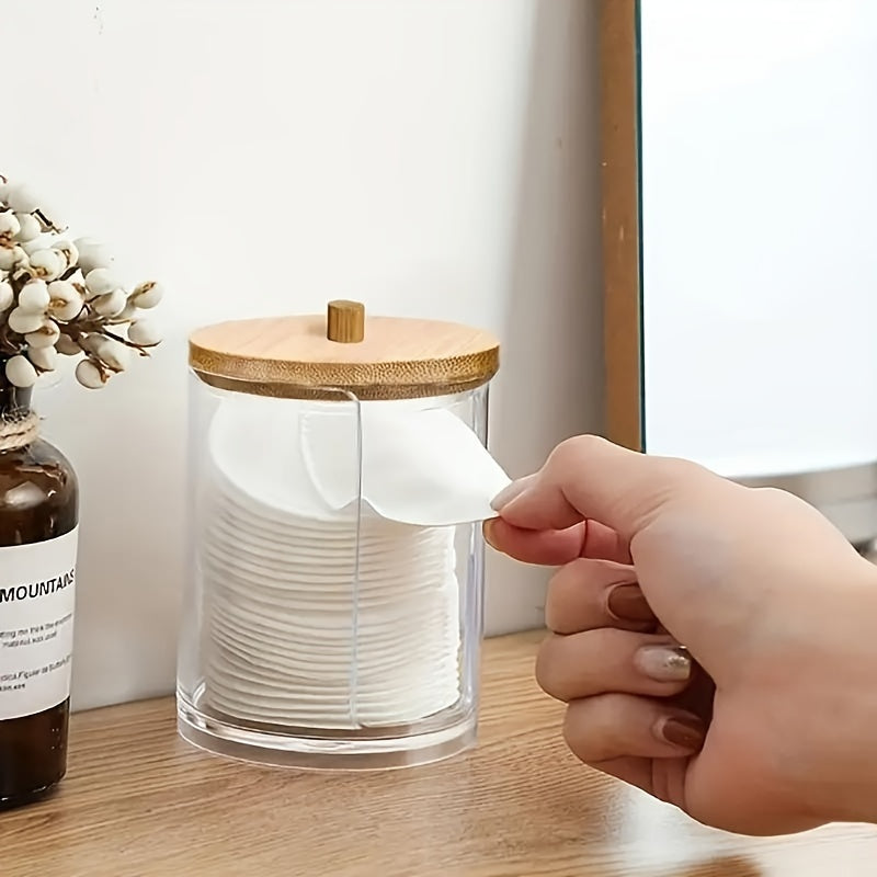 Set of 2 modern plastic swab dispensers with bamboo lids, perfect for organizing makeup sponges and rounds in your home. Great for home storage and organization.