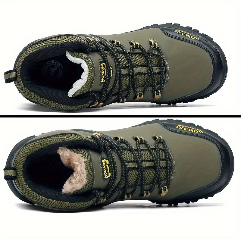 Vintage-style men's hiking boots with warm, durable, non-slip design and elastic ankle support. PU upper, rubber sole, lace-up closure. Ideal for all-season adventures.