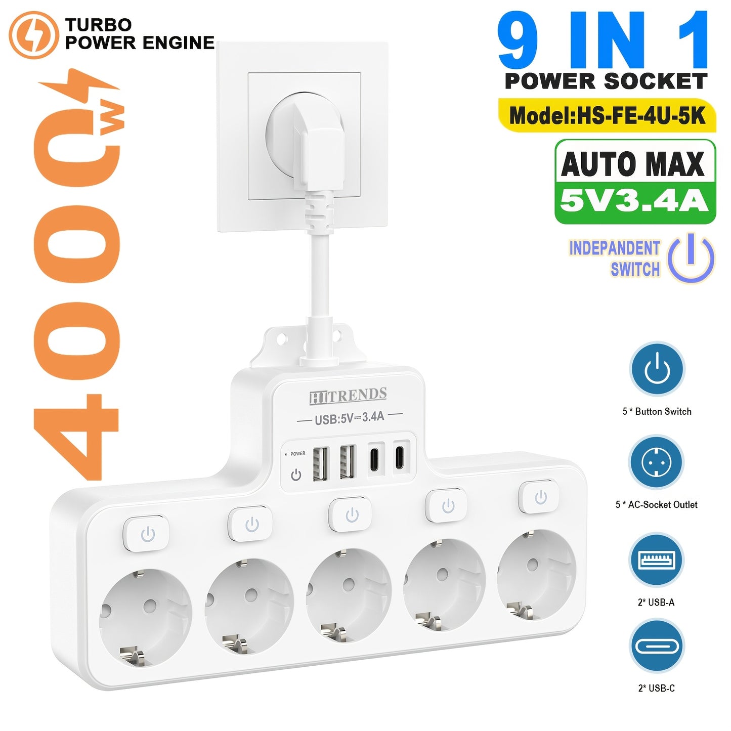 9-In-1 power strip with USB, 5 EU sockets, 2 USB-A and 2 USB-C ports, flexible cable sockets, wall-mounted design, ideal for home, kitchen, office, and travel.