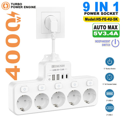 9-In-1 power strip with USB, 5 EU sockets, 2 USB-A and 2 USB-C ports, flexible cable sockets, wall-mounted design, ideal for home, kitchen, office, and travel.