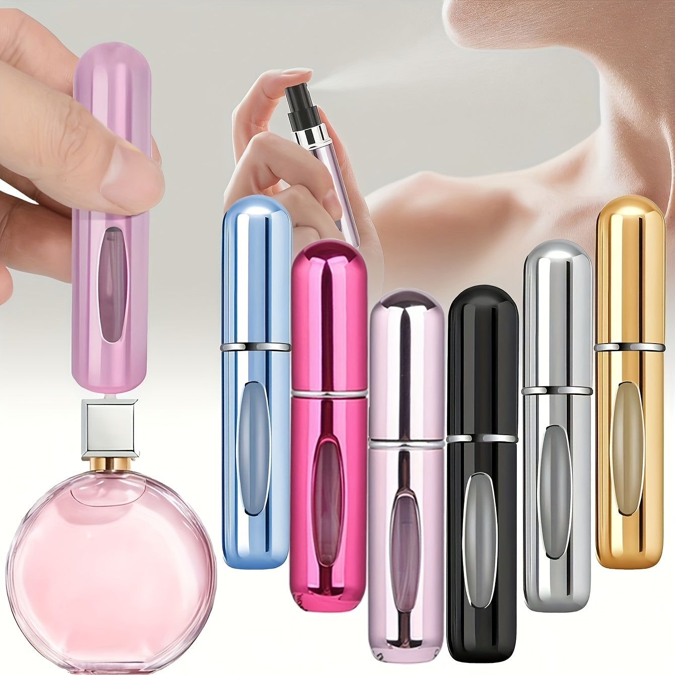 Refillable atomized perfume bottle ideal for travel and outings (5ml), suitable for men and women, makes a great gift.